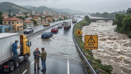 Carretera anegada por el desbordamiento parcial de un río con camión detenido, conductores evaluando el paso y señalización vial de advertencia durante una Alerta Amarilla.
