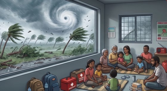 Familia y comunidad resguardadas en un refugio seguro con kit de primeros auxilios mientras un huracán y fuertes ráfagas de viento impactan el exterior en Alerta Roja.