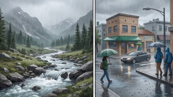 Lluvia moderada con crecida leve en un río de montaña y peatones caminando con paraguas por calles urbanas con charcos, representando la Alerta Verde del COE.