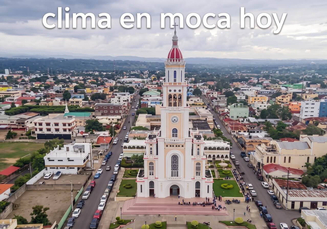 Vista de la ciudad que muestra el clima en Moca hoy, con el cielo sobre la Iglesia Sagrado Corazón de Jesús en la provincia Espaillat, República Dominicana.