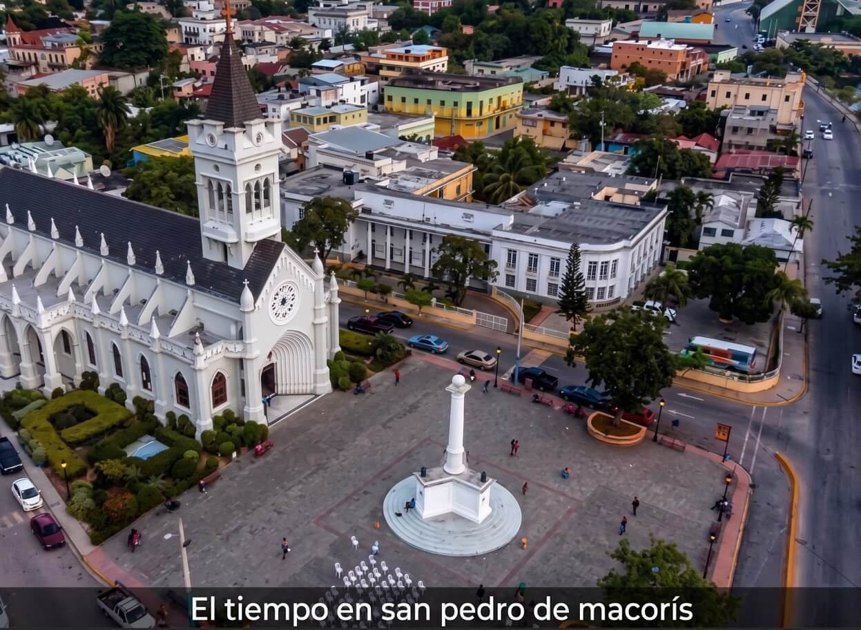 Vista aérea de la Catedral San Pedro Apóstol en un día despejado, reflejando el tiempo en San Pedro de Macorís.