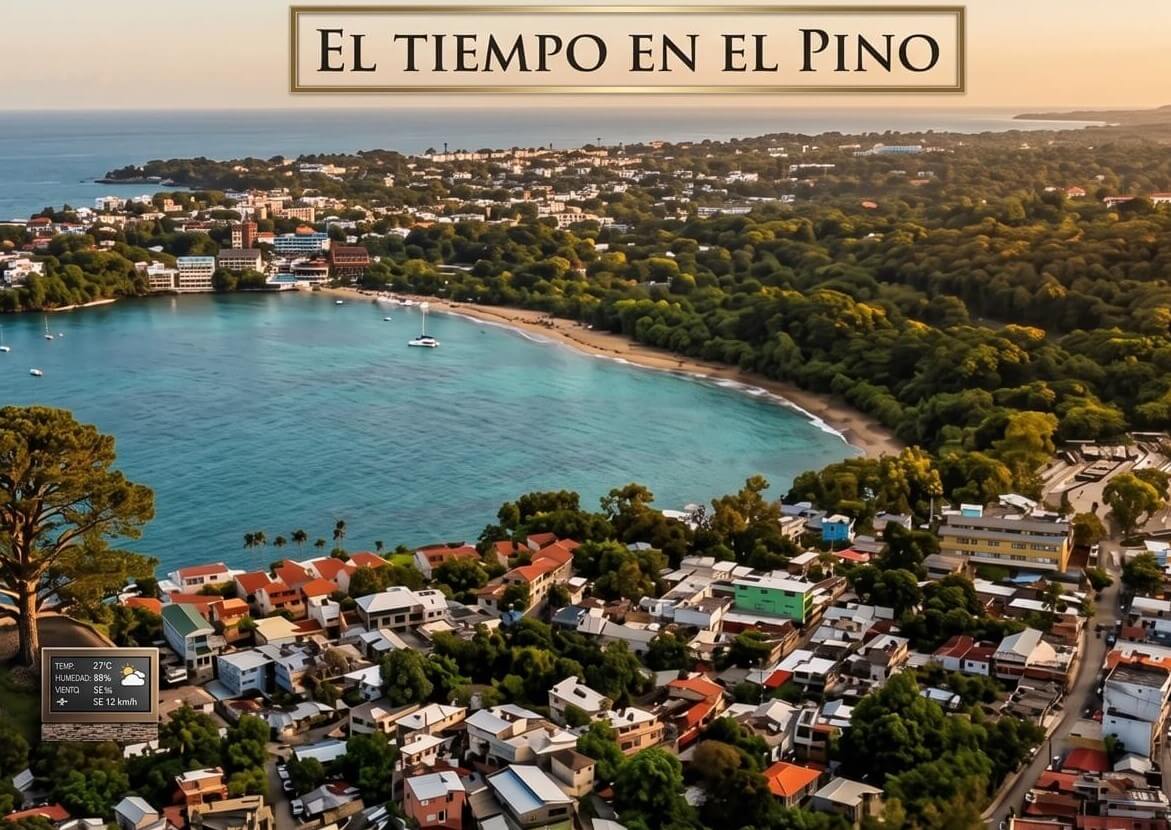 Una vista aérea panorámica del pueblo costero de El Pino, Dajabón, República Dominicana, tomada durante la hora dorada. En primer plano a la izquierda, un gran y solitario pino destaca sobre los techos de colores variados de las casas y edificios del pueblo.