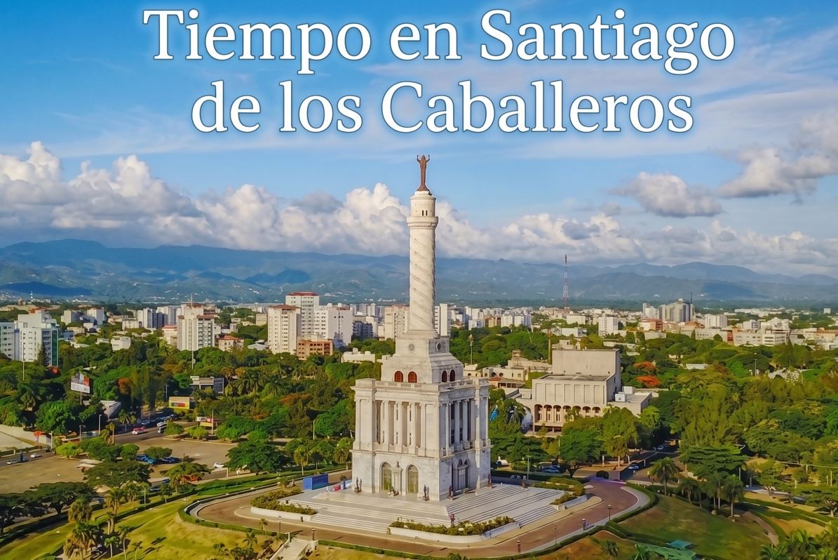 Vista panorámica del Monumento a los Héroes de la Restauración en un día despejado, ideal para ilustrar el tiempo en Santiago de los Caballeros.