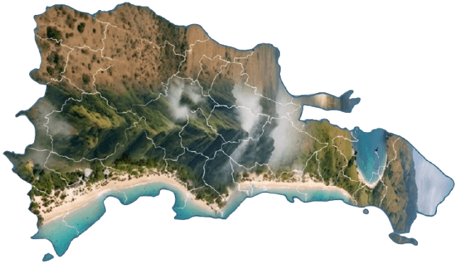 Fotocomposición artística del mapa silueteado de la República Dominicana que ilustra el tiempo y el clima diverso del país, mostrando nubes en las montañas centrales (Cordillera Central) y costas soleadas con playas de agua turquesa