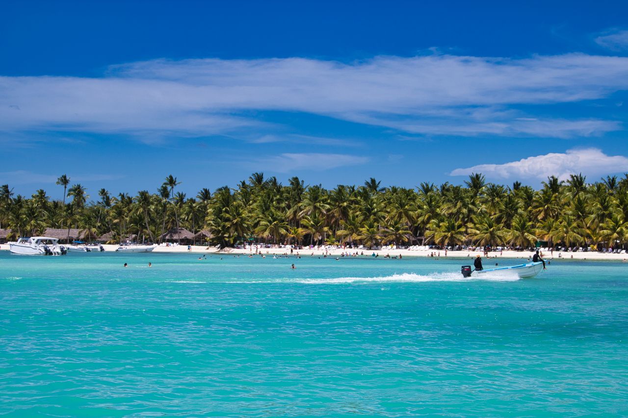 Vibrant tropical beach scene with boats, coconut trees, and turquoise water under a clear blue sky.