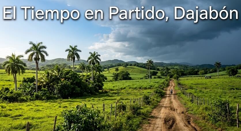 Paisaje natural y montañoso del municipio de Partido en la provincia de Dajabón, República Dominicana, bajo un cielo parcialmente nublado que muestra el clima característico de la Línea Noroeste, con palmeras, vegetación y una carretera con tránsito local.