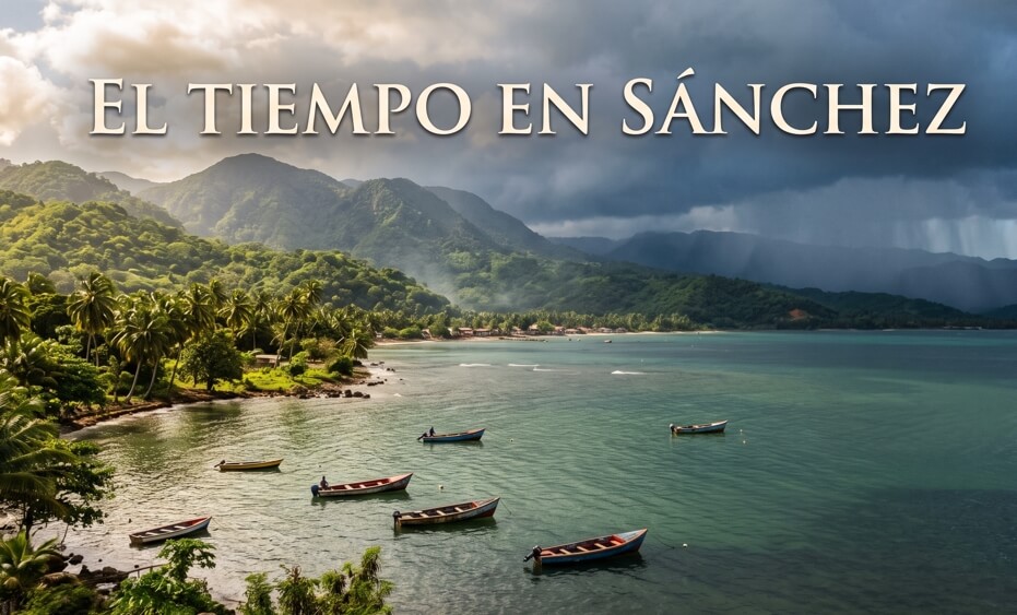 Vista panorámica de la bahía mostrando las condiciones actuales del clima en Sánchez, Samaná.