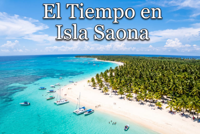 El tiempo en Isla Saona con día soleado y cielo despejado, vista aérea de la playa de arena blanca, mar turquesa, palmeras y catamaranes fondeados en la costa.